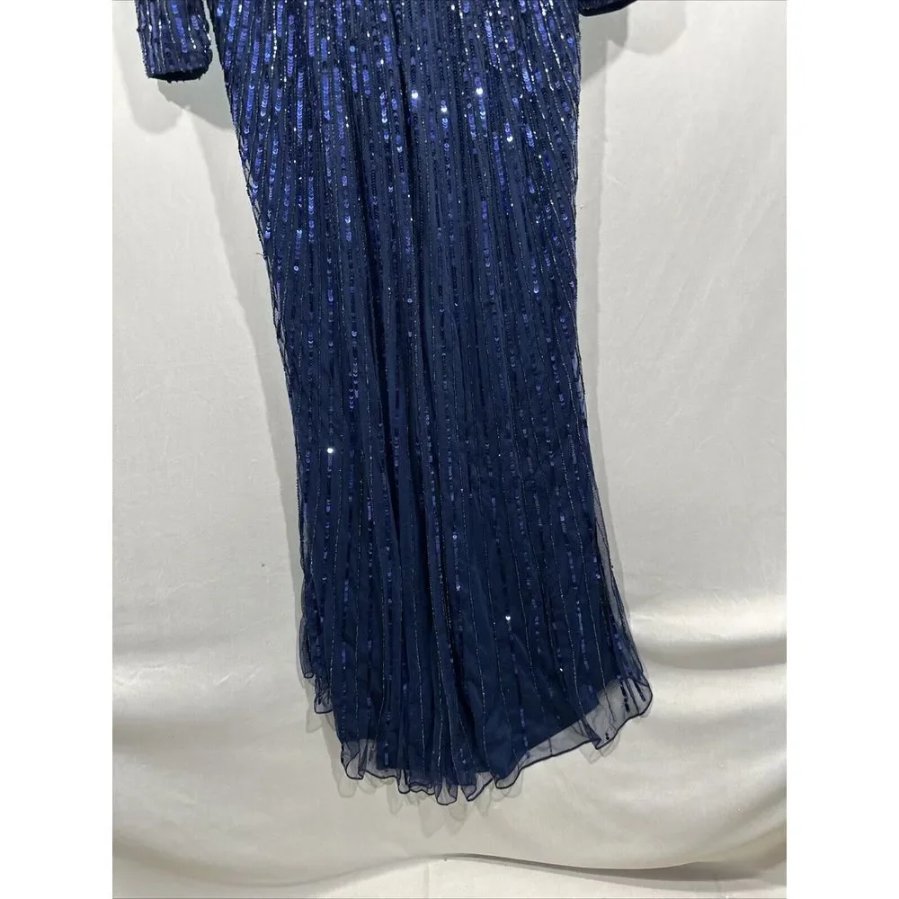 NWT $598 Mac Duggal [ 12 ]‎ 5501 Sequined Wrap Over Bishop Sleeve Gown Blue - Picture 16 of 16